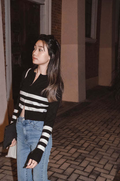 [ OLD MONEY 簡約高級感! ] Squashy Zipping Up Cardigan Stripes