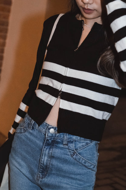 [ OLD MONEY 簡約高級感! ] Squashy Zipping Up Cardigan Stripes