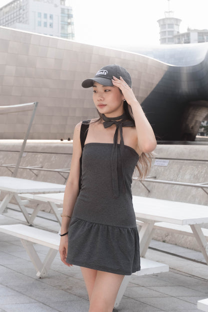 [ 韓國連線 🇰🇷 超推薦 !! 小魚尾軟糯連身裙 ] Little Arial Mini Dress (with skinny scarf) - Dark Grey