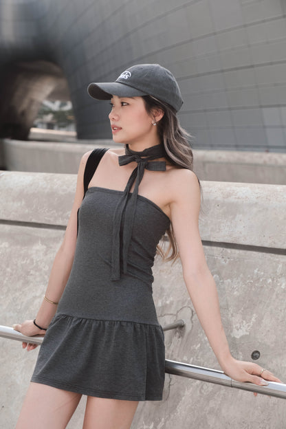 [ 韓國連線 🇰🇷 超推薦 !! 小魚尾軟糯連身裙 ] Little Arial Mini Dress (with skinny scarf) - Dark Grey