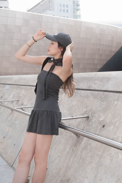 [ 韓國連線 🇰🇷 超推薦 !! 小魚尾軟糯連身裙 ] Little Arial Mini Dress (with skinny scarf) - Dark Grey