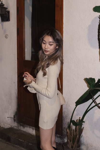 [ 氣質up! 直紋翻領連身裙 ]  Little Collar Stretchy Dress - 2 colours