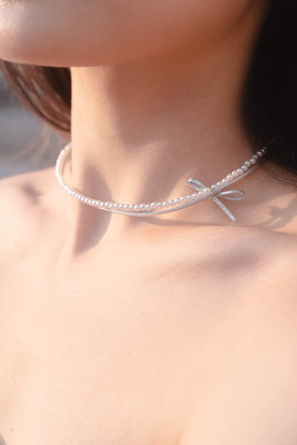 [ 韓國連線 🇰🇷 珍珠 + 銀色蝴蝶結 chocker !!] The Future Bow Double Chocker