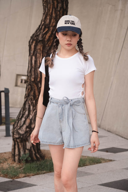 [ 韓國連線 🇰🇷 法式溫柔短牛仔~]  Skye A-line Denim Shorts - Light Blue