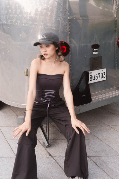 [ 韓國連線 🇰🇷 小性感芭蕾風綁帶~] Ballet Tie Up Tube Top - Navy