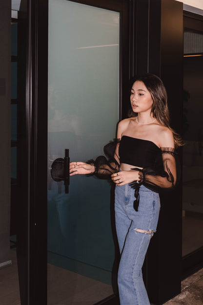 [ 太美了! 高貴紗䄂一字膊 ] Swan Lake Off-shoulder Top - Sky Blue