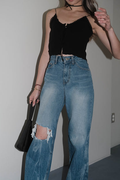 [ 韓國連線 🇰🇷 超高質! 吸睛洗水高腰牛仔褲 ] Big Hole Wavy Ripped Baggy Jeans