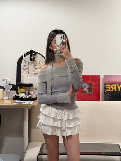 [ 🆕 可愛又小性感~ 毛毛一字膊 ] Little Bun Fluffy Off Shoulder Top + Skinny Scarf - 2 colours