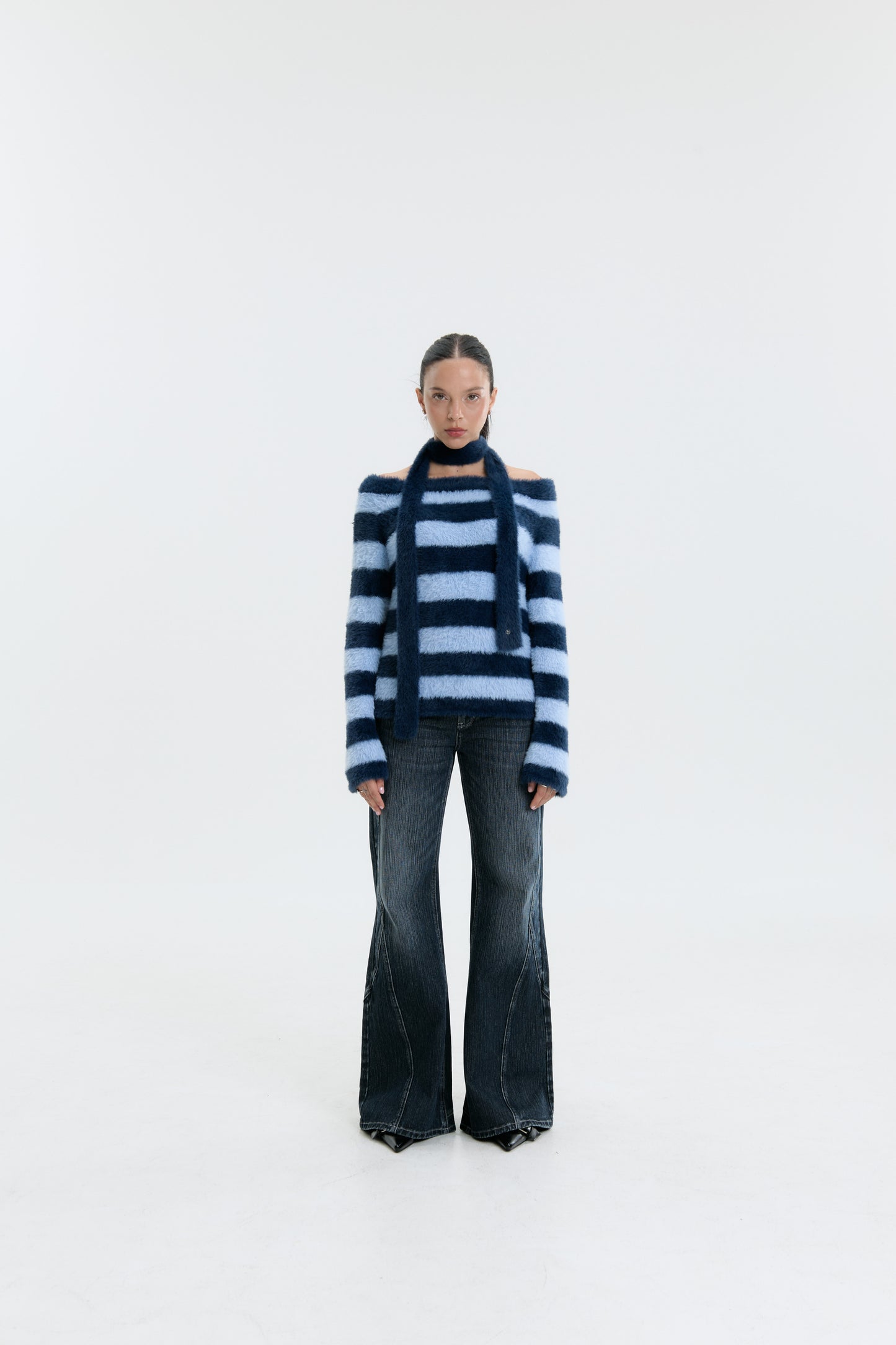 Luv Dept / Fluffy Stripes Sweater with Skinny Scarf - Blue