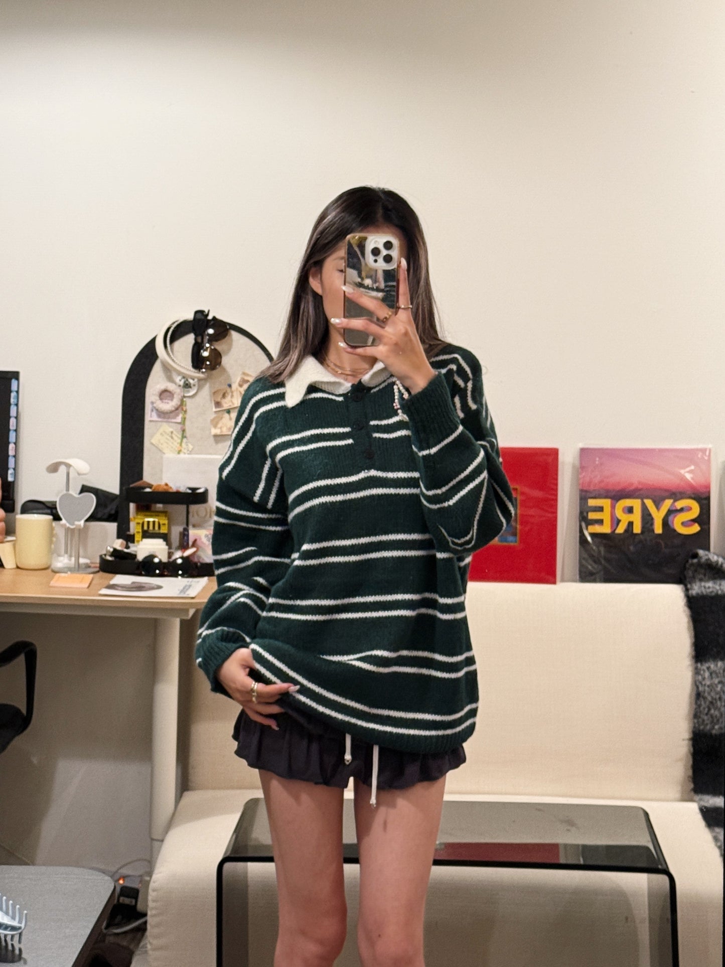 [ 🆕 墨綠橫間 🏫, 歐美校園風 ] Canvas Sweater Oversize
