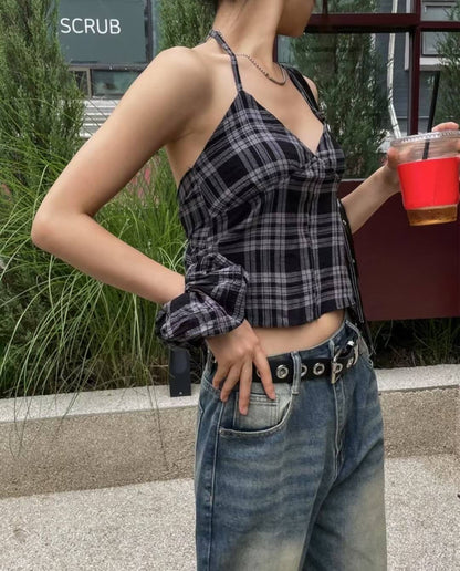 [ 新品優惠 🆕 個性不撞款 復古甜辣格仔吊帶 ] Checked Vintage Top (free scrunchie!) - 2 colours