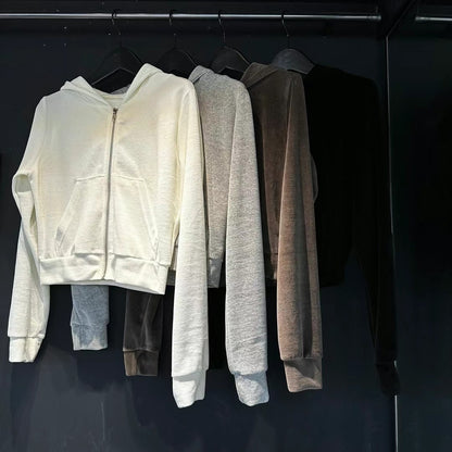 [ 歐美簡約~ 絨面 Hoodie 外套 ] Velvet Zip Up Hoodie Cropped - 4 colours