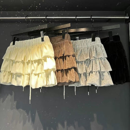 [ 好可愛! 絨面層層疊短裙 ] Velvet Ruffle Mini Dress (skorts) - 4 colours