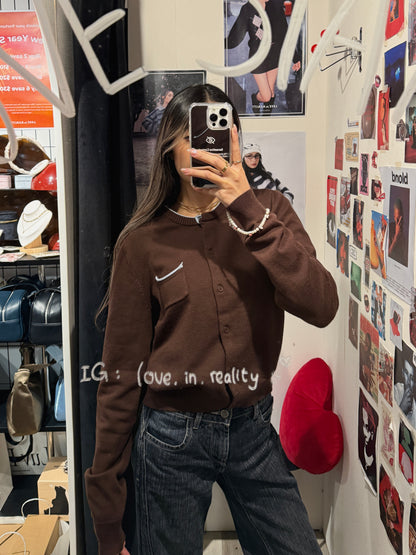 SALE [ 今季必備配色 藍加啡 ] Pocket Brown Cardigan