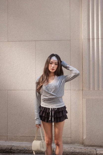 Lace-Trim Layered Wrap Top - 3 colours