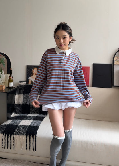 [ 🆕 今季流行色! 歐美 pinterest style ] Blueberry Muffin Stripes Long Sleeves Polo