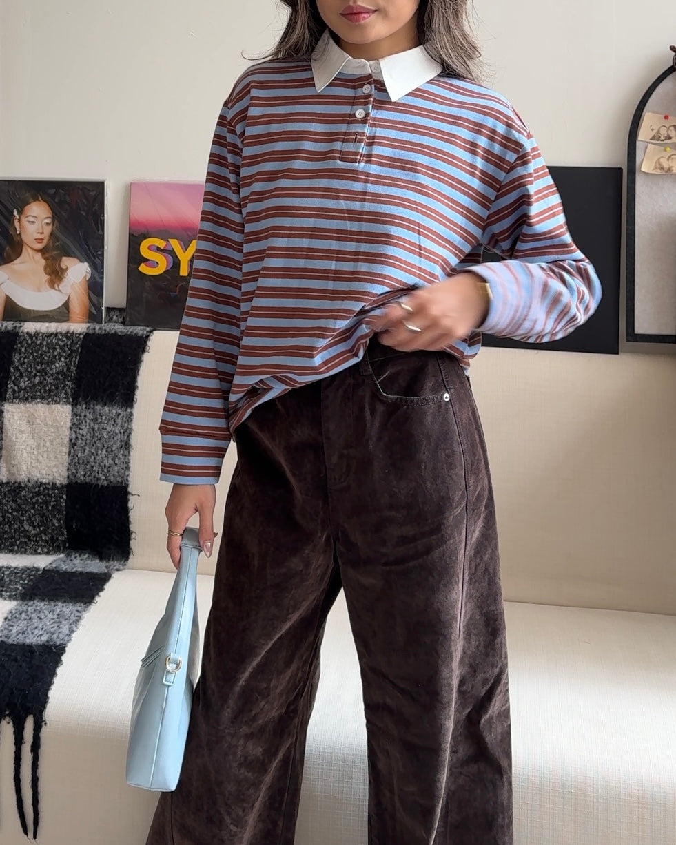 [ 🆕 今季流行色! 歐美 pinterest style ] Blueberry Muffin Stripes Long Sleeves Polo