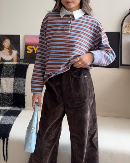[ 🆕 今季流行色! 歐美 pinterest style ] Blueberry Muffin Stripes Long Sleeves Polo
