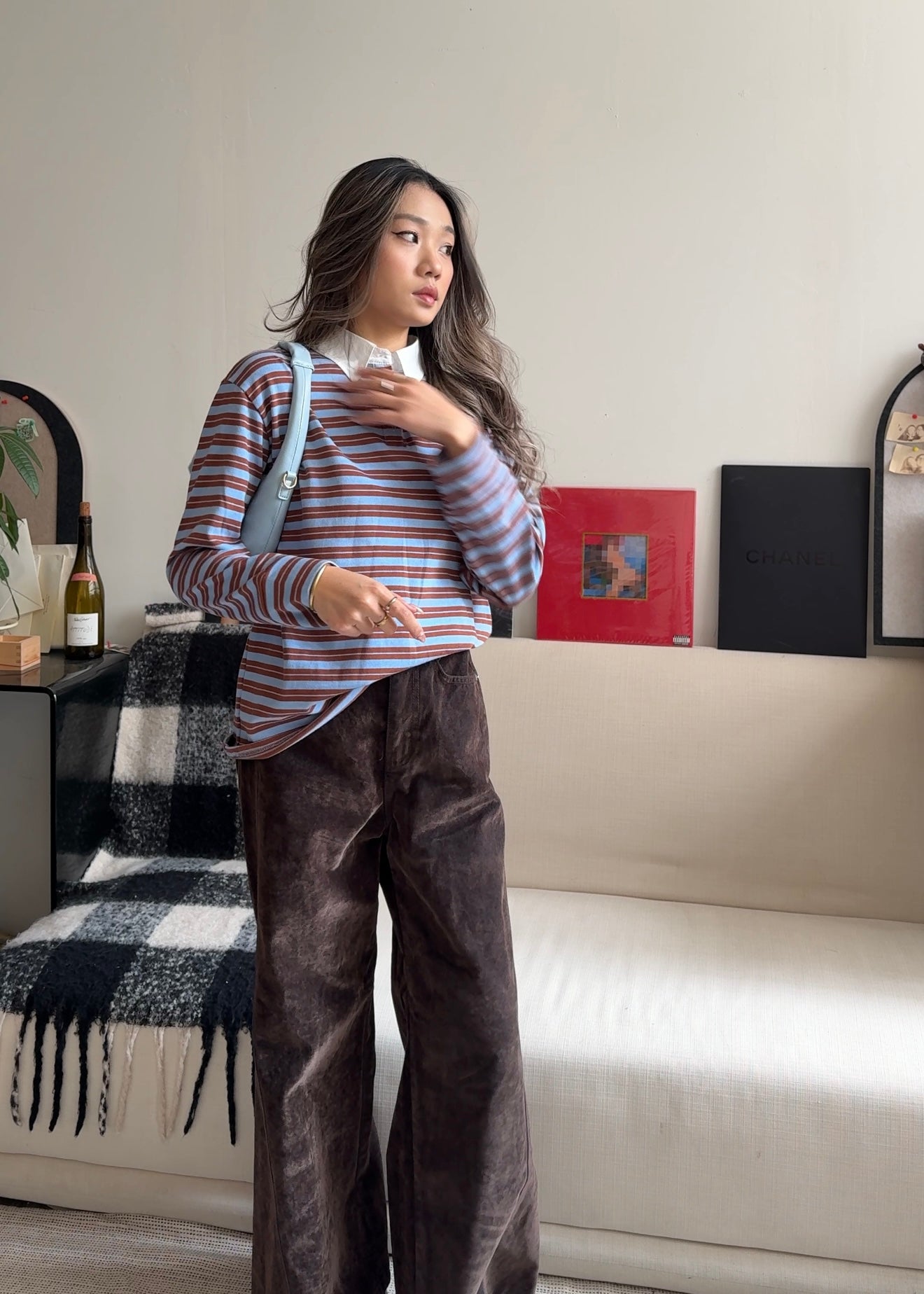 [ 🆕 今季流行色! 歐美 pinterest style ] Blueberry Muffin Stripes Long Sleeves Polo