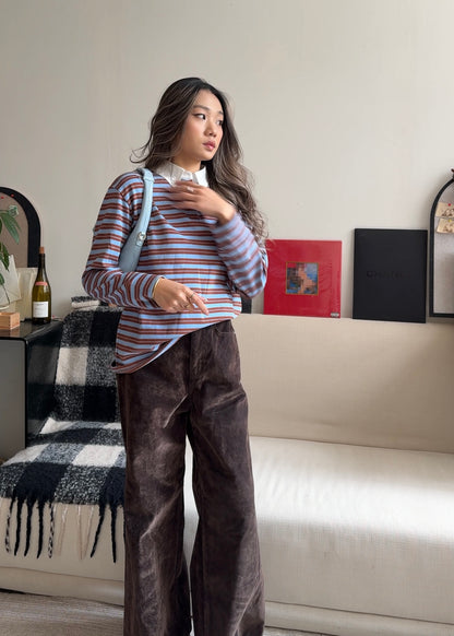 [ 🆕 今季流行色! 歐美 pinterest style ] Blueberry Muffin Stripes Long Sleeves Polo