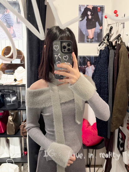 [ 🆕 毛毛一字膊~ 溫柔又性感! ] Furry Off Shoulder Top with SKinny Scarf - 2 colours