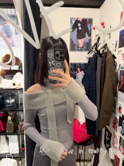 [ 🆕 可愛又小性感~ 毛毛一字膊 ] Little Bun Fluffy Off Shoulder Top + Skinny Scarf - 2 colours