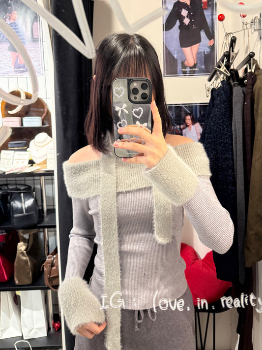 [ 🆕 毛毛一字膊~ 溫柔又性感! ] Furry Off Shoulder Top with SKinny Scarf - 2 colours