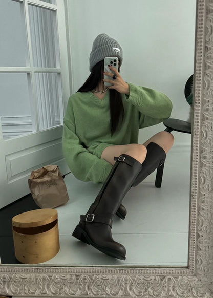 [ 極力推介! 最舒服的圓頭復古長靴 ] Round-Toe Buckle Up Knee-High Boots - 2 colours