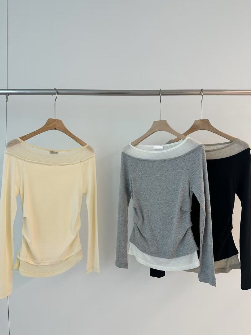 [ 約隱約現領口~ 氣質簡約假兩件 top ]  Sheer Layer Boatneck Top - 3 colours