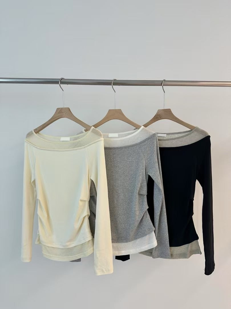 [ 約隱約現領口~ 氣質簡約假兩件 top ]  Sheer Layer Boatneck Top - 3 colours