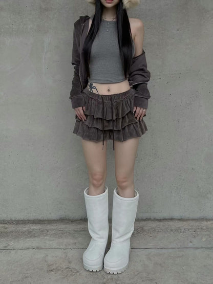 [ 好可愛! 絨面層層疊短裙 ] Velvet Ruffle Mini Dress (skorts) - 4 colours