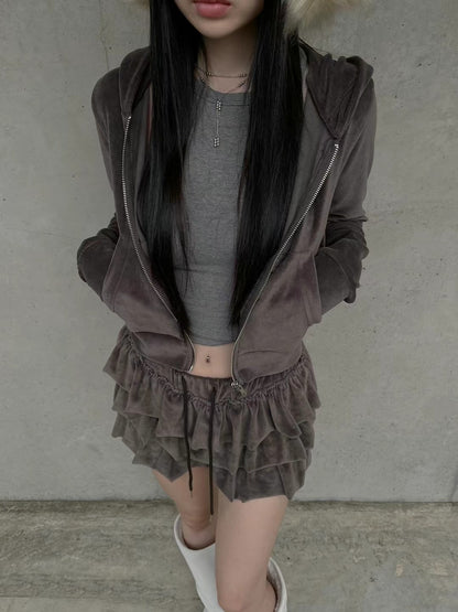 [ 好可愛! 絨面層層疊短裙 ] Velvet Ruffle Mini Dress (skorts) - 4 colours