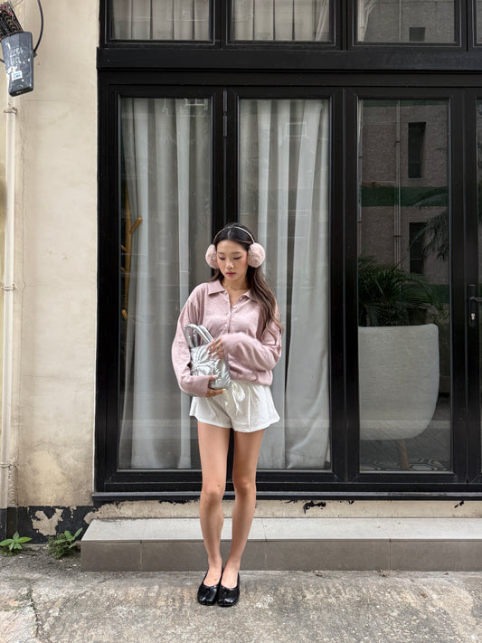 Collared Button-Front Fine Knit Sweater - Pink