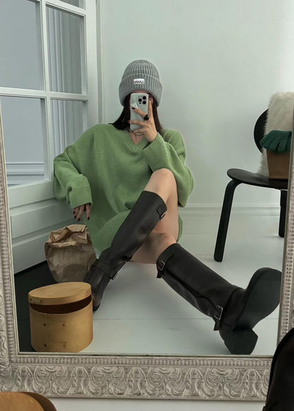 [ 極力推介! 最舒服的圓頭復古長靴 ] Round-Toe Buckle Up Knee-High Boots - 2 colours