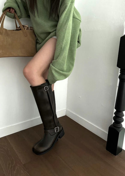 [ 極力推介! 最舒服的圓頭復古長靴 ] Round-Toe Buckle Up Knee-High Boots - 2 colours