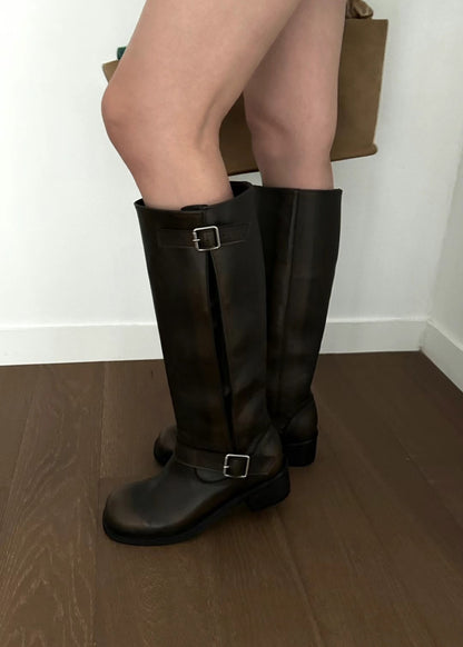 [ 極力推介! 最舒服的圓頭復古長靴 ] Round-Toe Buckle Up Knee-High Boots - 2 colours