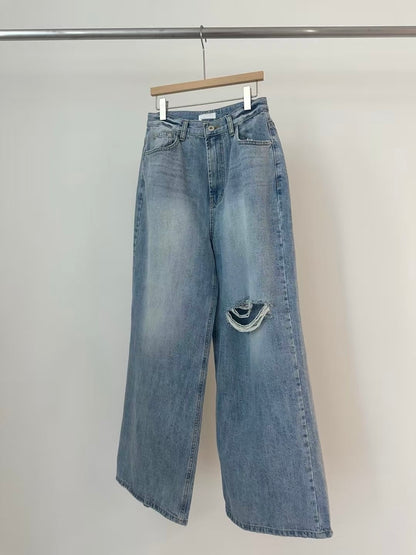 [ 🆕 極力推介!‧ ₊˚🎧⊹♡ 鬆弛感型爆直筒爛牛] Laid-back Ripped Jeans Straight