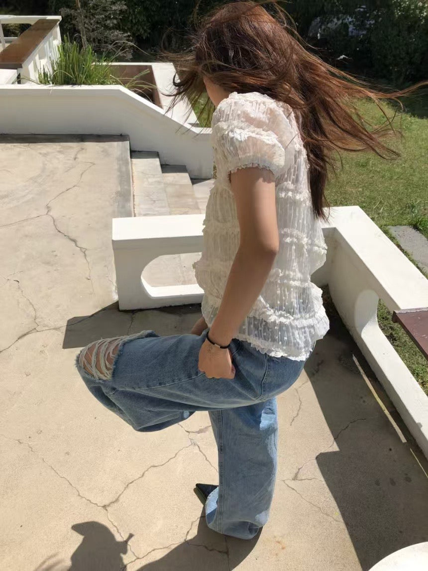 [ 🆕 極力推介!‧ ₊˚🎧⊹♡ 鬆弛感型爆直筒爛牛] Laid-back Ripped Jeans Straight