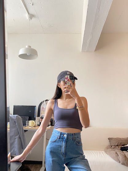 [ New colour! ] Double Layer Square Neck Tank - Charcoal
