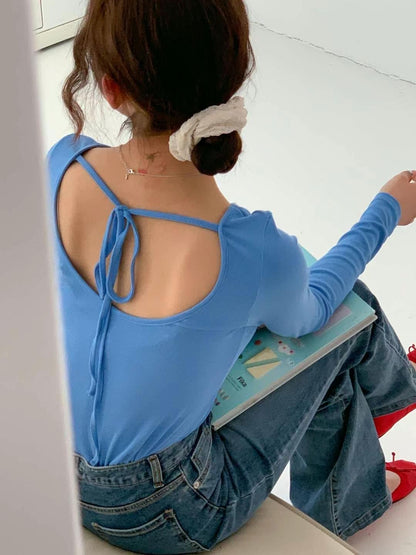 [ 驚喜在後~ 超美背! ] Miss Lady Tie Back Long Sleeve Top