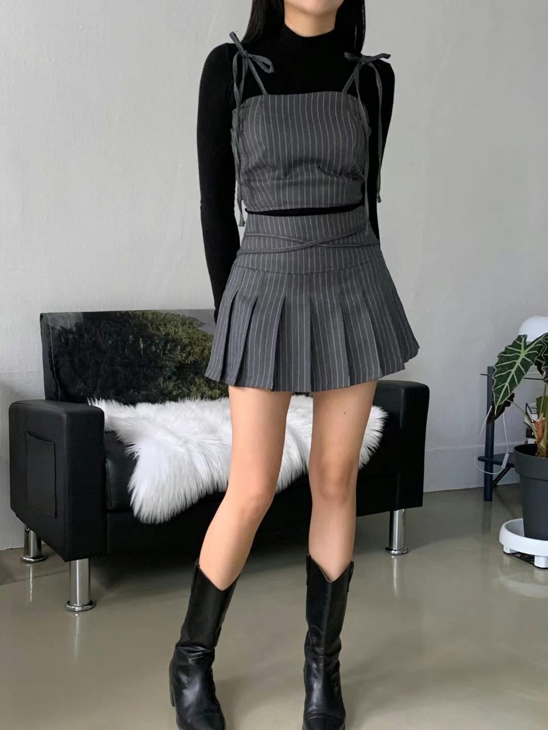 [ 可鹽可甜~ 綁帶直間百褶裙 ] Tie Ribbon Mini Skirt - Grey