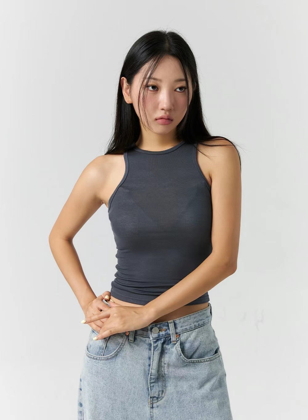 [ 無法抗拒的軟綿綿質感! ] Sheer Halter Neck Top - Black