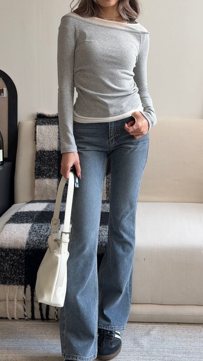 [ 約隱約現領口~ 氣質簡約假兩件 top ]  Sheer Layer Boatneck Top - 3 colours