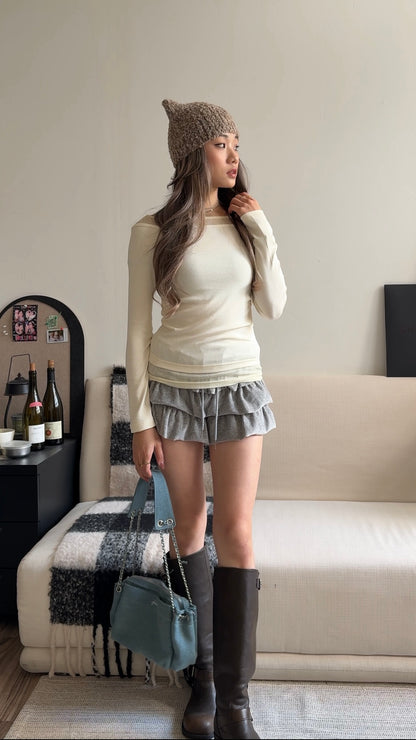 [ 約隱約現領口~ 氣質簡約假兩件 top ]  Sheer Layer Boatneck Top - 3 colours