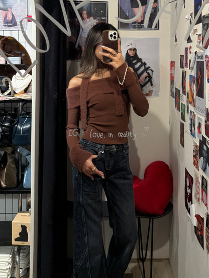 [ 🆕 可愛又小性感~ 毛毛一字膊 ] Little Bun Fluffy Off Shoulder Top + Skinny Scarf - 2 colours