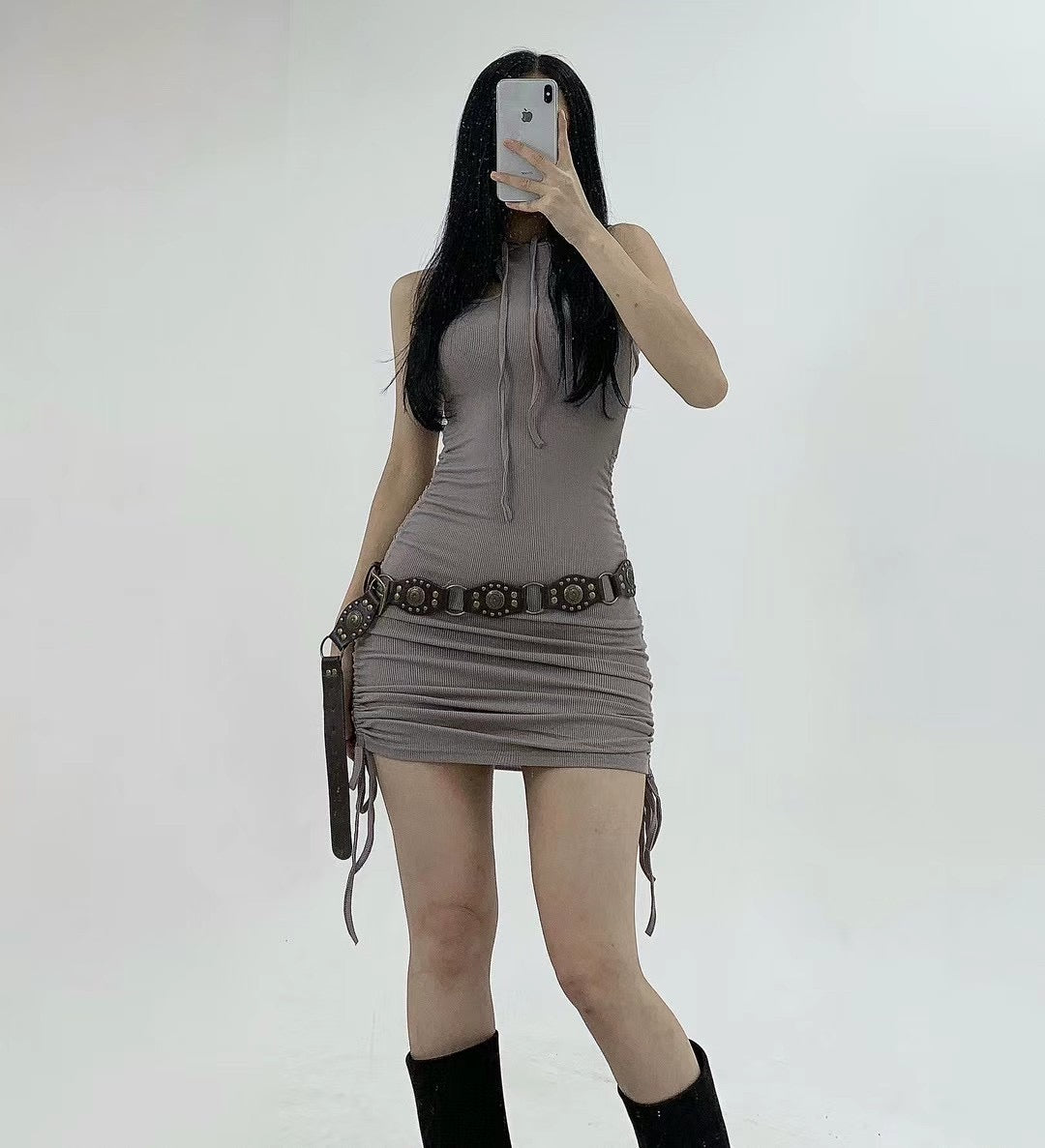 [ 玩味 max! 開窿連身裙 ] Sassy Hoddie Dress - Grey Brown