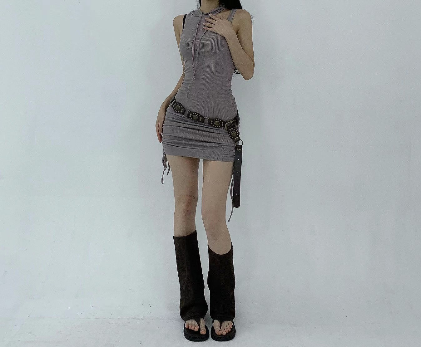 [ 玩味 max! 開窿連身裙 ] Sassy Hoddie Dress - Grey Brown