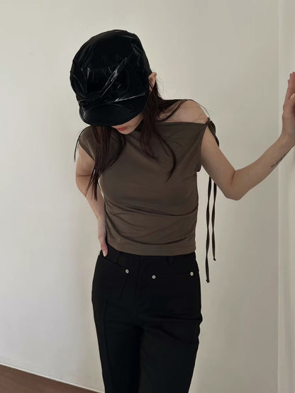 [ 清涼感~ 個性鴛鴦袖 top ] Shook Single & Tie Shoulder Top