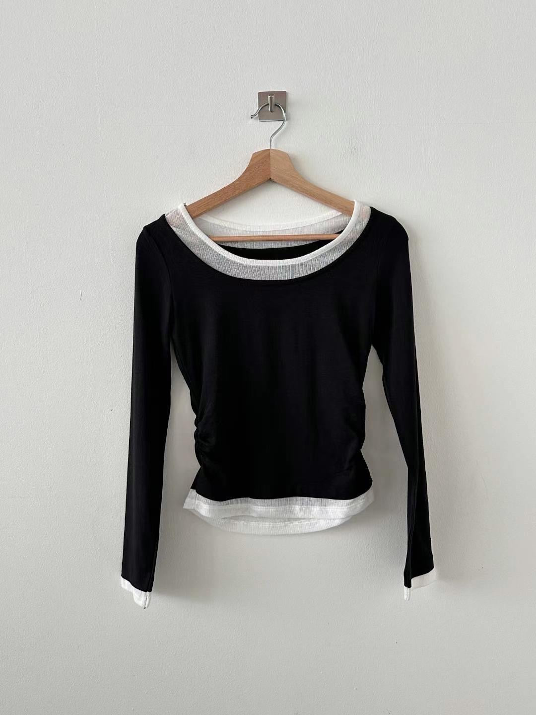 [ DAY 5 新品 - 有驚喜! 假兩件簡約 Top ] Long Sleeve Layering Tee - Black