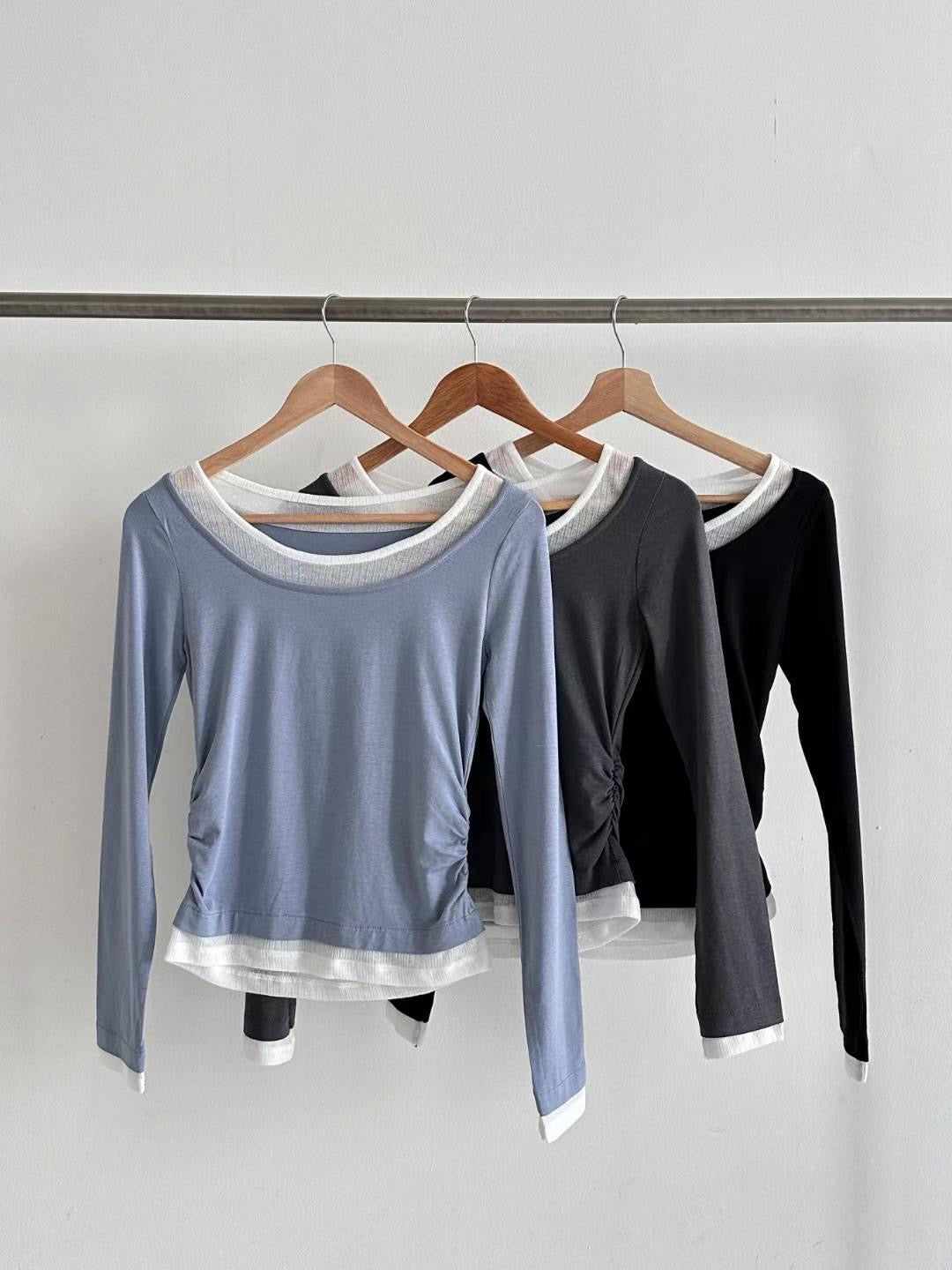 [ DAY 5 新品 - 有驚喜! 假兩件簡約 Top ] Long Sleeve Layering Tee - 3 colours